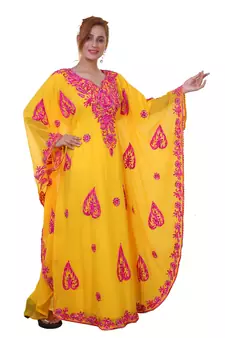 Yellow Aari Work Georgette Islamic Style Beads Embedded Partywear Kaftan Long Gown Evening wear Dubai kaftan