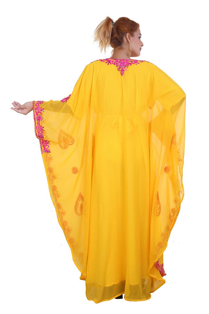Yellow Aari Work Georgette Islamic Style Beads Embedded Partywear Kaftan Long Gown Evening wear Dubai kaftan