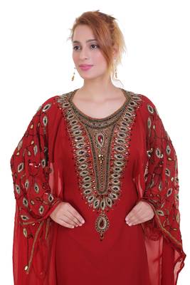 Red Zari Stone Work Georgette Islamic Style Beads Embedded Partywear Kaftan Long Gown Evening wear Dubai kaftan 2