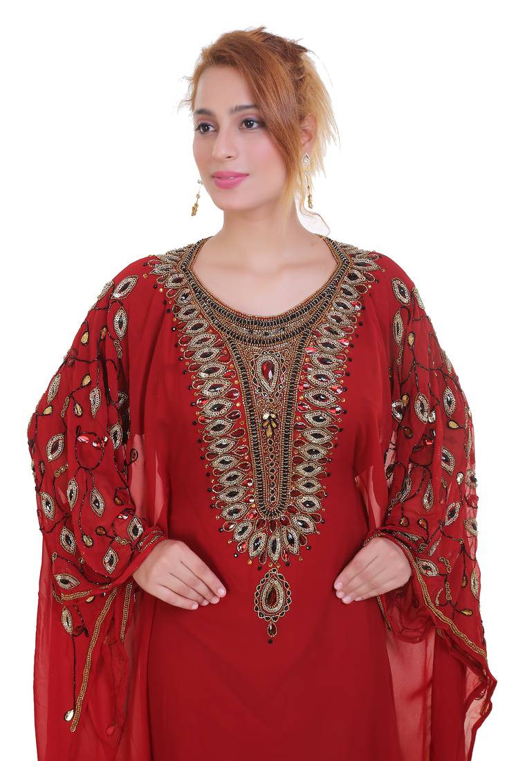 Red Zari Stone Work Georgette Islamic Style Beads Embedded Partywear Kaftan Long Gown Evening wear Dubai kaftan
