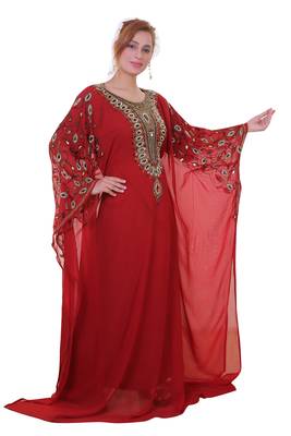 Red Zari Stone Work Georgette Islamic Style Beads Embedded Partywear Kaftan Long Gown Evening wear Dubai kaftan 3