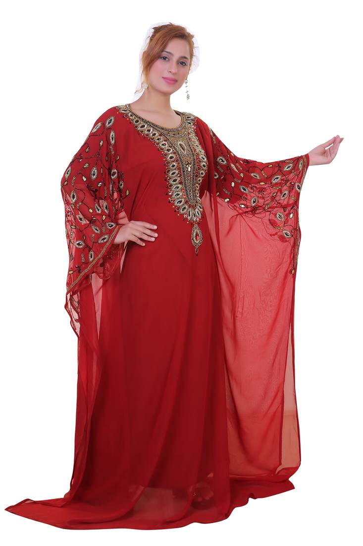 Red Zari Stone Work Georgette Islamic Style Beads Embedded Partywear Kaftan Long Gown Evening wear Dubai kaftan