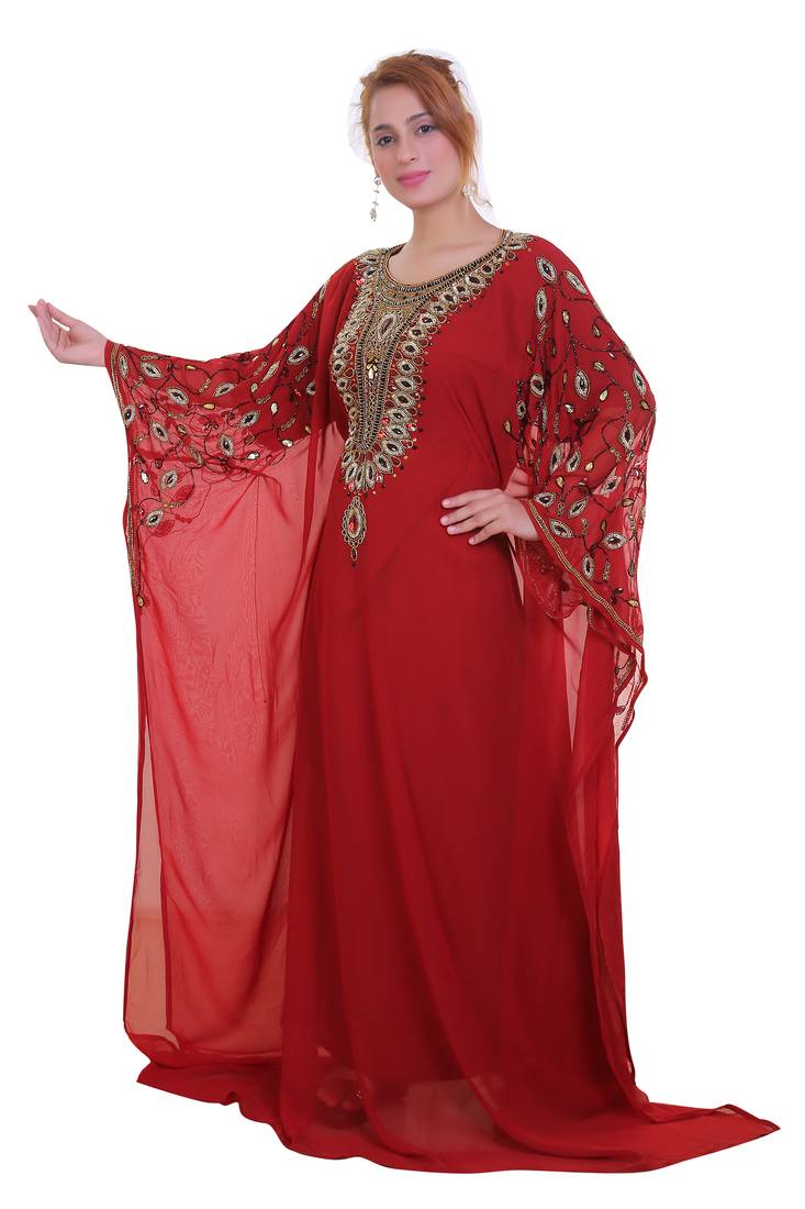 Red Zari Stone Work Georgette Islamic Style Beads Embedded Partywear Kaftan Long Gown Evening wear Dubai kaftan
