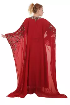 Red Zari Stone Work Georgette Islamic Style Beads Embedded Partywear Kaftan Long Gown Evening wear Dubai kaftan