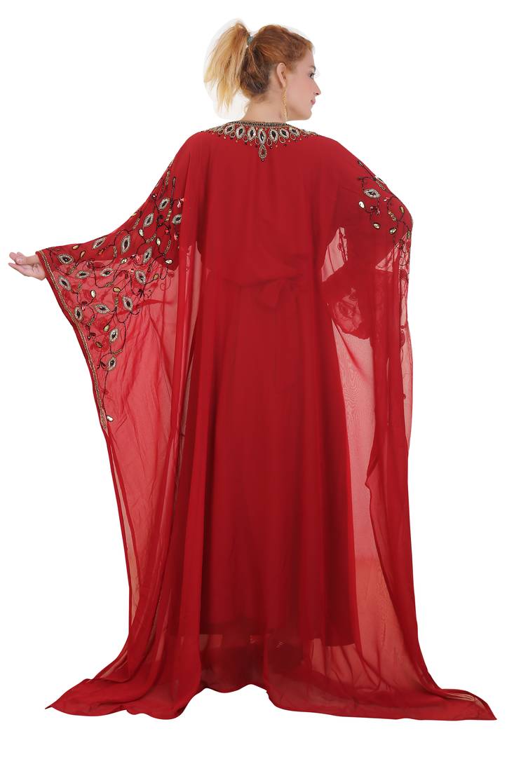 Red Zari Stone Work Georgette Islamic Style Beads Embedded Partywear Kaftan Long Gown Evening wear Dubai kaftan