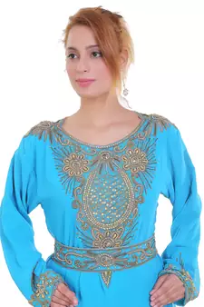 Blue/ferozi Zari Stone Work Georgette Islamic Style Beads Embedded Partywear Kaftan Long Gown Evening wear Dubai kaftan