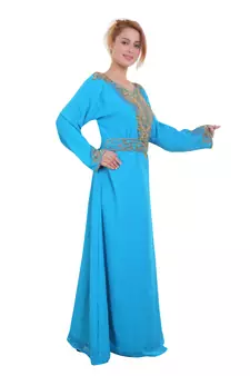 Blue/ferozi Zari Stone Work Georgette Islamic Style Beads Embedded Partywear Kaftan Long Gown Evening wear Dubai kaftan