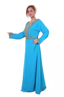 Blue/ferozi Zari Stone Work Georgette Islamic Style Beads Embedded Partywear Kaftan Long Gown Evening wear Dubai kaftan