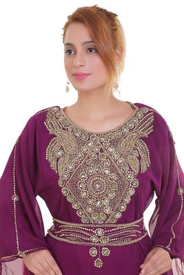 Wine Zari Stone Work Georgette Islamic Style Beads Embedded Partywear Kaftan Long Gown Evening wear Dubai kaftan 2