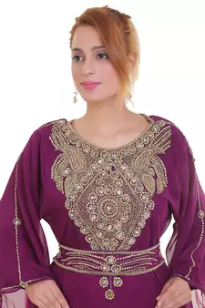 Wine Zari Stone Work Georgette Islamic Style Beads Embedded Partywear Kaftan Long Gown Evening wear Dubai kaftan