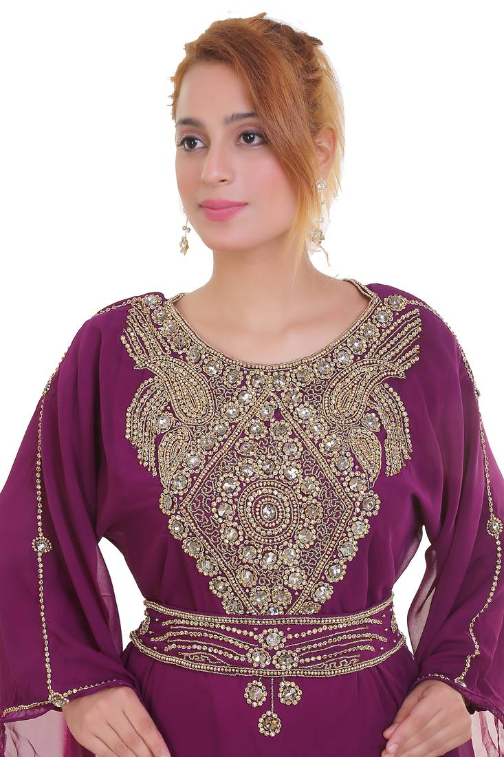 Wine Zari Stone Work Georgette Islamic Style Beads Embedded Partywear Kaftan Long Gown Evening wear Dubai kaftan