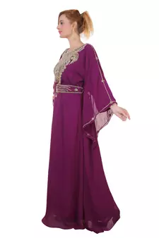 Wine Zari Stone Work Georgette Islamic Style Beads Embedded Partywear Kaftan Long Gown Evening wear Dubai kaftan