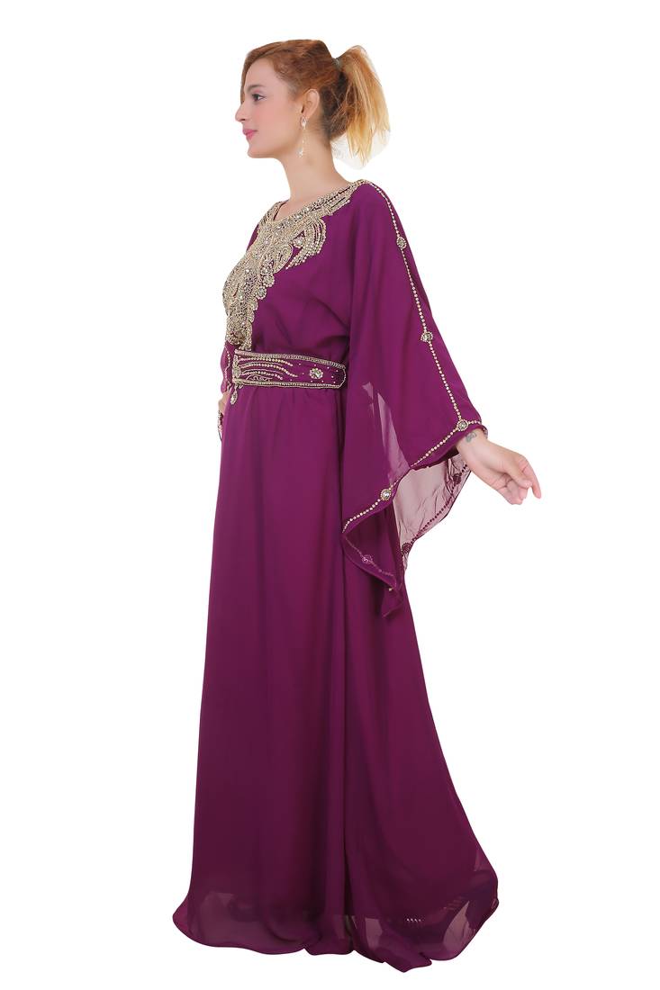 Wine Zari Stone Work Georgette Islamic Style Beads Embedded Partywear Kaftan Long Gown Evening wear Dubai kaftan