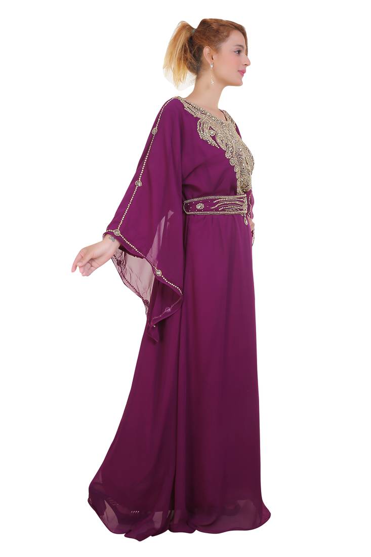 Wine Zari Stone Work Georgette Islamic Style Beads Embedded Partywear Kaftan Long Gown Evening wear Dubai kaftan