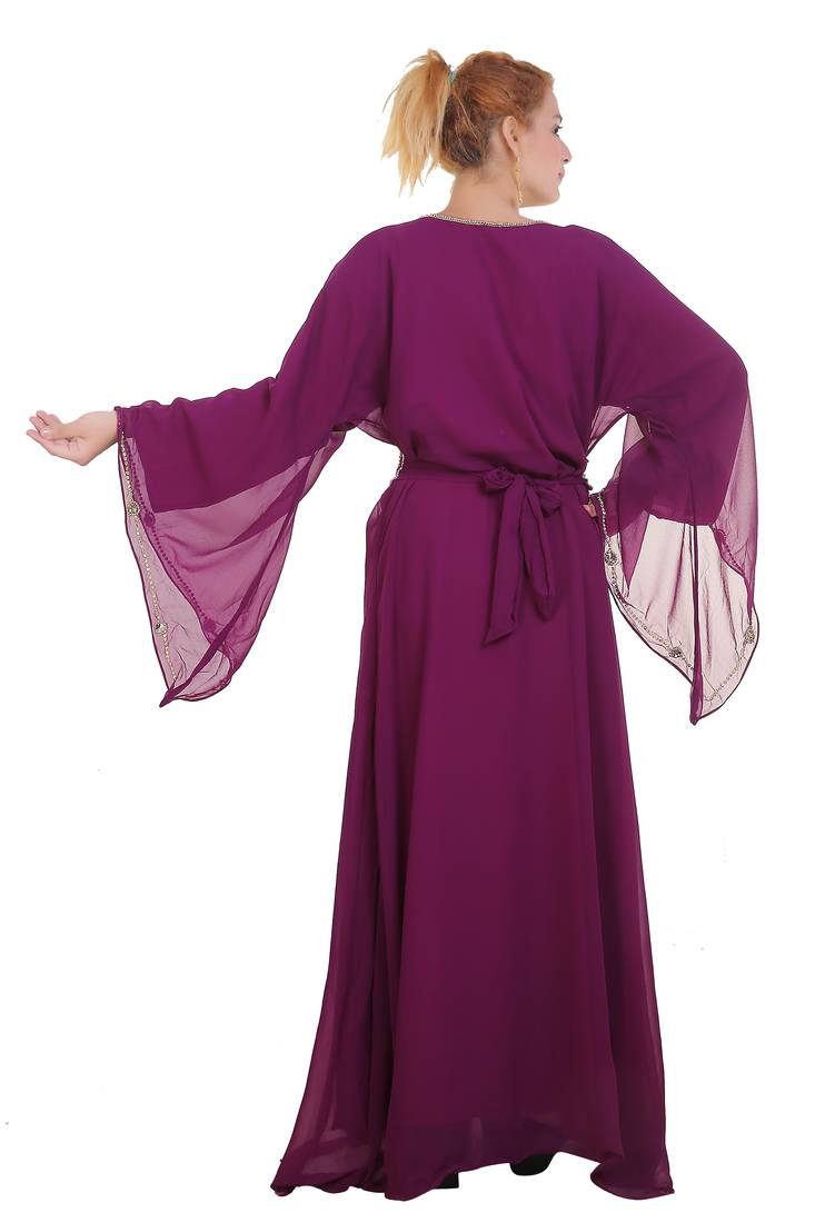 Wine Zari Stone Work Georgette Islamic Style Beads Embedded Partywear Kaftan Long Gown Evening wear Dubai kaftan