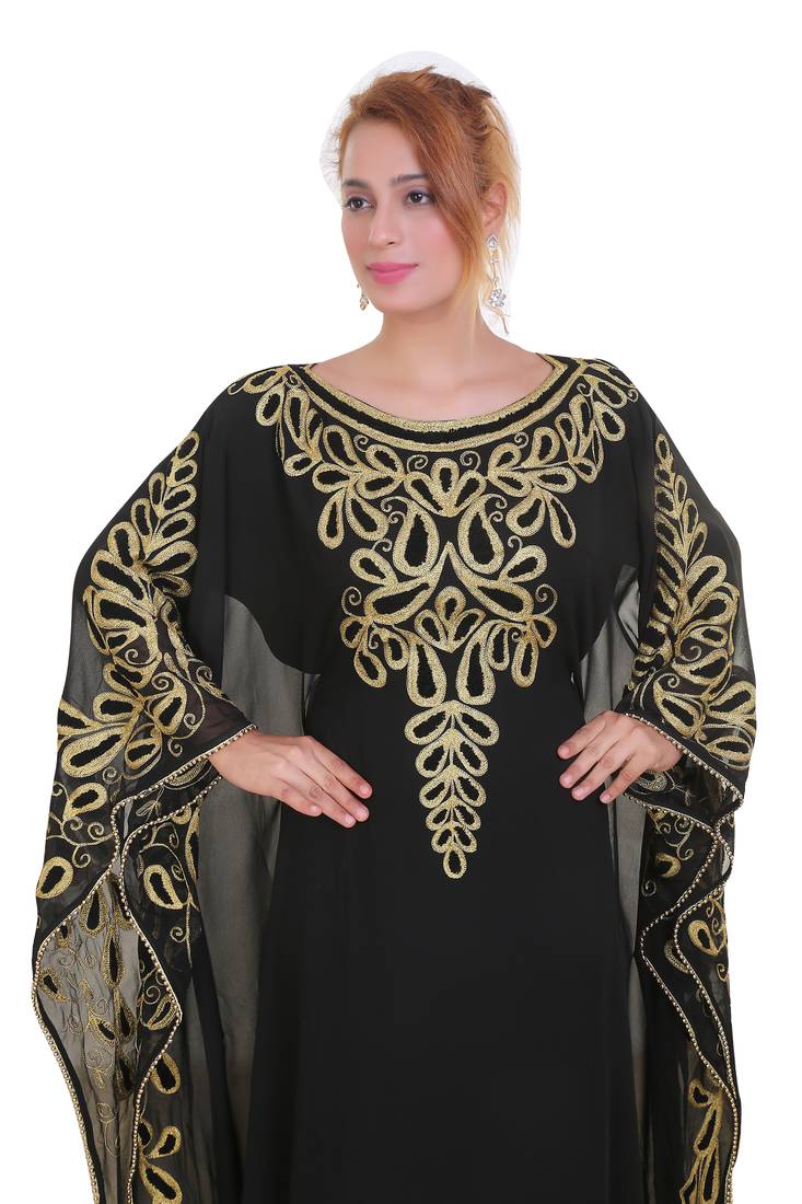 Black Aari Stone Work Georgette Islamic Style Beads Embedded Partywear Kaftan Long Gown Evening wear Dubai kaftan