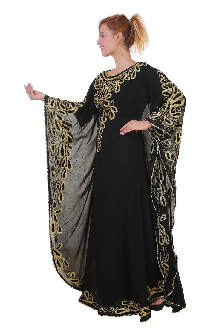 Black Aari Stone Work Georgette Islamic Style Beads Embedded Partywear Kaftan Long Gown Evening wear Dubai kaftan