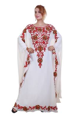 White Ari Work Georgette Islamic Style Stone Embedded Partywear Kaftan Long Gown Evening wear Dubai kaftan 1