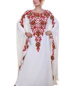 White Ari Work Georgette Islamic Style Stone Embedded Partywear Kaftan Long Gown Evening wear Dubai kaftan