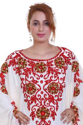 White Ari Work Georgette Islamic Style Stone Embedded Partywear Kaftan Long Gown Evening wear Dubai kaftan 2