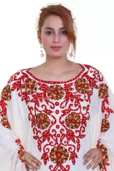 White Ari Work Georgette Islamic Style Stone Embedded Partywear Kaftan Long Gown Evening wear Dubai kaftan