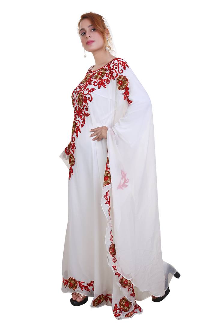 White Ari Work Georgette Islamic Style Stone Embedded Partywear Kaftan Long Gown Evening wear Dubai kaftan