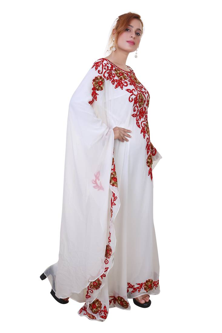 White Ari Work Georgette Islamic Style Stone Embedded Partywear Kaftan Long Gown Evening wear Dubai kaftan