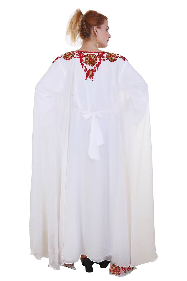 White Ari Work Georgette Islamic Style Stone Embedded Partywear Kaftan Long Gown Evening wear Dubai kaftan