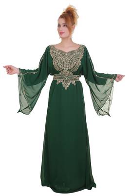 Green Zari Stone Work Georgette Islamic Style Beads Embedded Partywear Kaftan Long Gown Evening wear Dubai kaftan 1