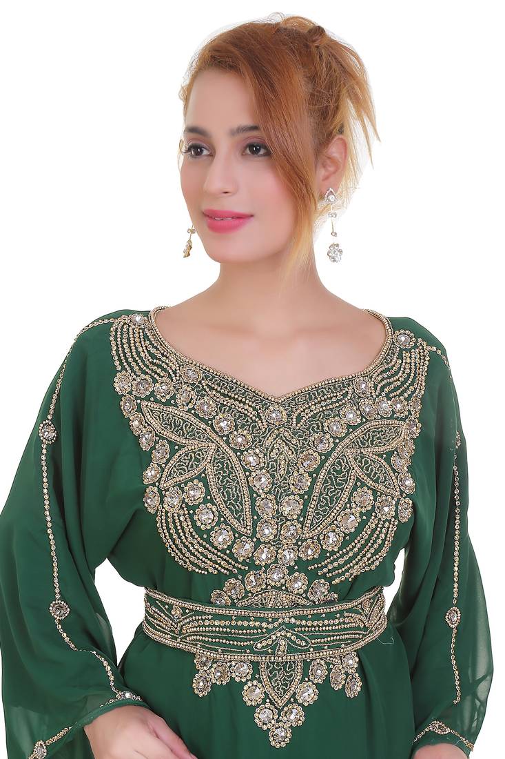 Green Zari Stone Work Georgette Islamic Style Beads Embedded Partywear Kaftan Long Gown Evening wear Dubai kaftan