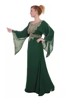Green Zari Stone Work Georgette Islamic Style Beads Embedded Partywear Kaftan Long Gown Evening wear Dubai kaftan