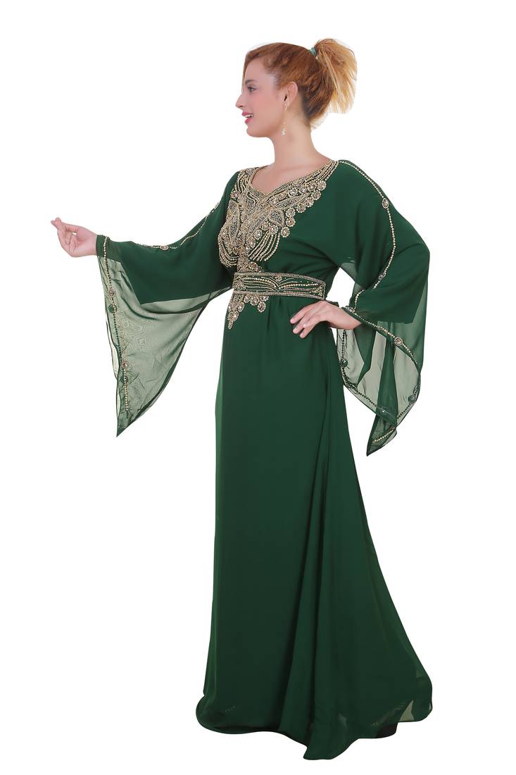 Green Zari Stone Work Georgette Islamic Style Beads Embedded Partywear Kaftan Long Gown Evening wear Dubai kaftan