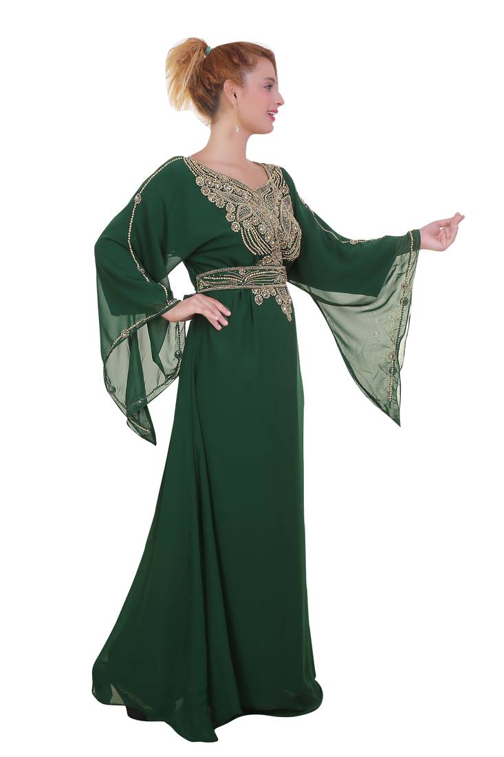Green Zari Stone Work Georgette Islamic Style Beads Embedded Partywear Kaftan Long Gown Evening wear Dubai kaftan