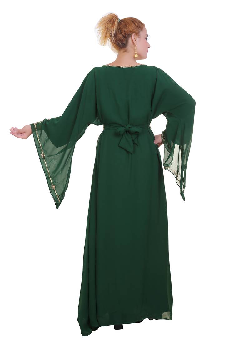 Green Zari Stone Work Georgette Islamic Style Beads Embedded Partywear Kaftan Long Gown Evening wear Dubai kaftan
