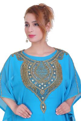 Blue/ferozi Zari Stone Work Georgette Islamic Style Beads Embedded Partywear Kaftan Long Gown Evening wear Dubai kaftan 2