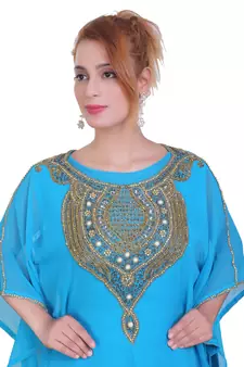 Blue/ferozi Zari Stone Work Georgette Islamic Style Beads Embedded Partywear Kaftan Long Gown Evening wear Dubai kaftan