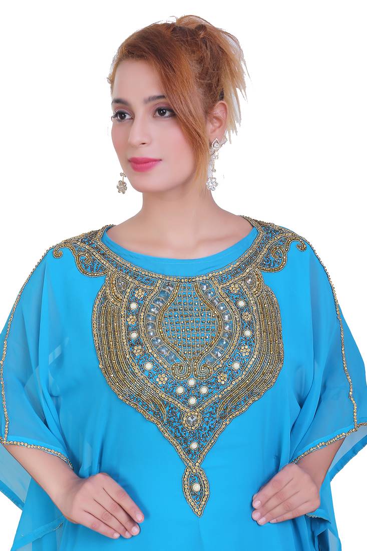 Blue/ferozi Zari Stone Work Georgette Islamic Style Beads Embedded Partywear Kaftan Long Gown Evening wear Dubai kaftan