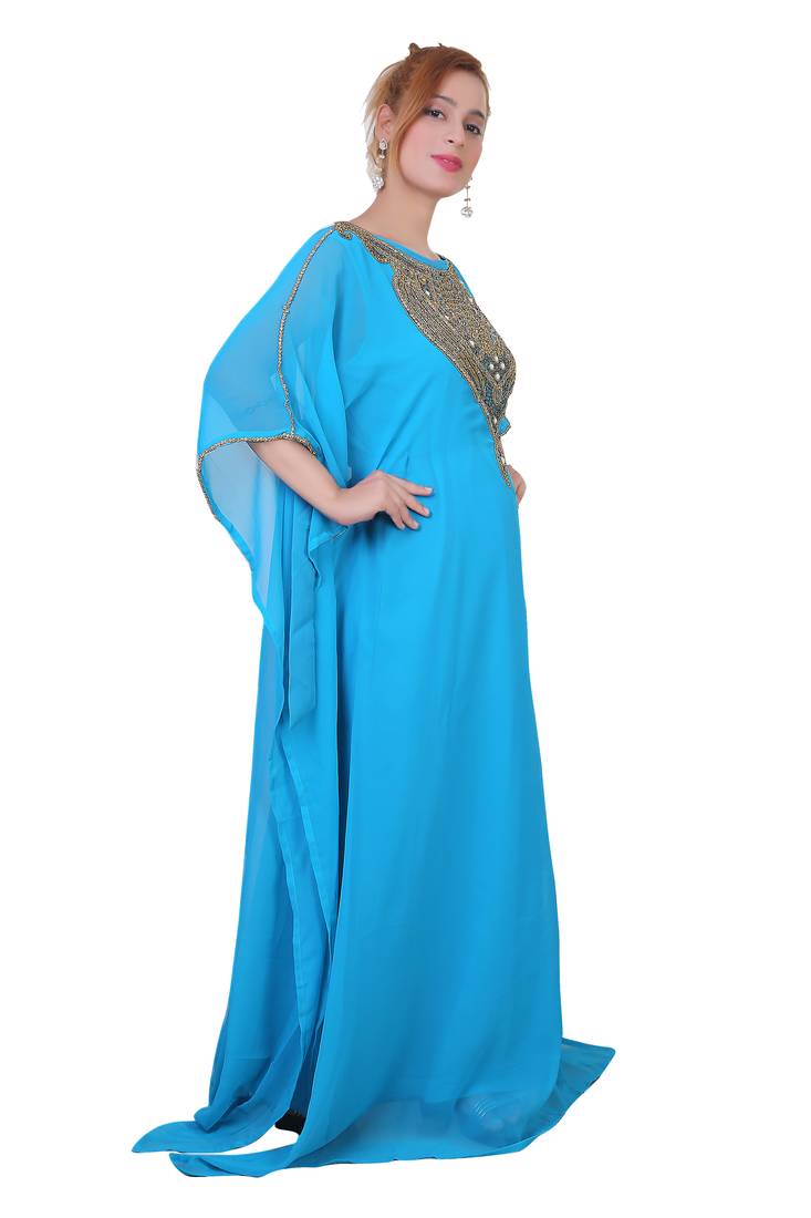 Blue/ferozi Zari Stone Work Georgette Islamic Style Beads Embedded Partywear Kaftan Long Gown Evening wear Dubai kaftan