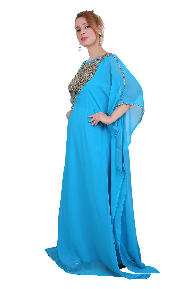 Blue/ferozi Zari Stone Work Georgette Islamic Style Beads Embedded Partywear Kaftan Long Gown Evening wear Dubai kaftan