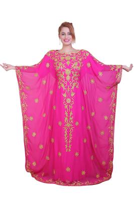 Rani Pink Aari Stone Work Georgette Islamic Style Beads Embedded Partywear Kaftan Long Gown Evening wear Dubai kaftan 1