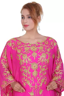 Rani Pink Aari Stone Work Georgette Islamic Style Beads Embedded Partywear Kaftan Long Gown Evening wear Dubai kaftan