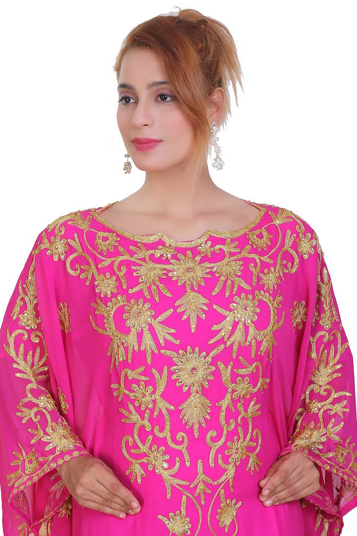 Rani Pink Aari Stone Work Georgette Islamic Style Beads Embedded Partywear Kaftan Long Gown Evening wear Dubai kaftan