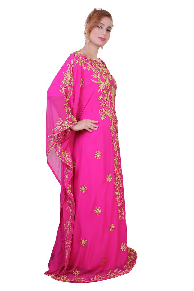 Rani Pink Aari Stone Work Georgette Islamic Style Beads Embedded Partywear Kaftan Long Gown Evening wear Dubai kaftan