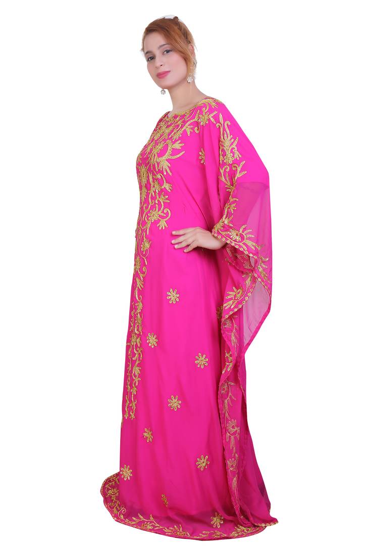 Rani Pink Aari Stone Work Georgette Islamic Style Beads Embedded Partywear Kaftan Long Gown Evening wear Dubai kaftan