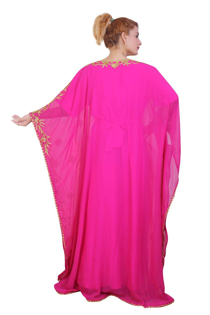 Rani Pink Aari Stone Work Georgette Islamic Style Beads Embedded Partywear Kaftan Long Gown Evening wear Dubai kaftan