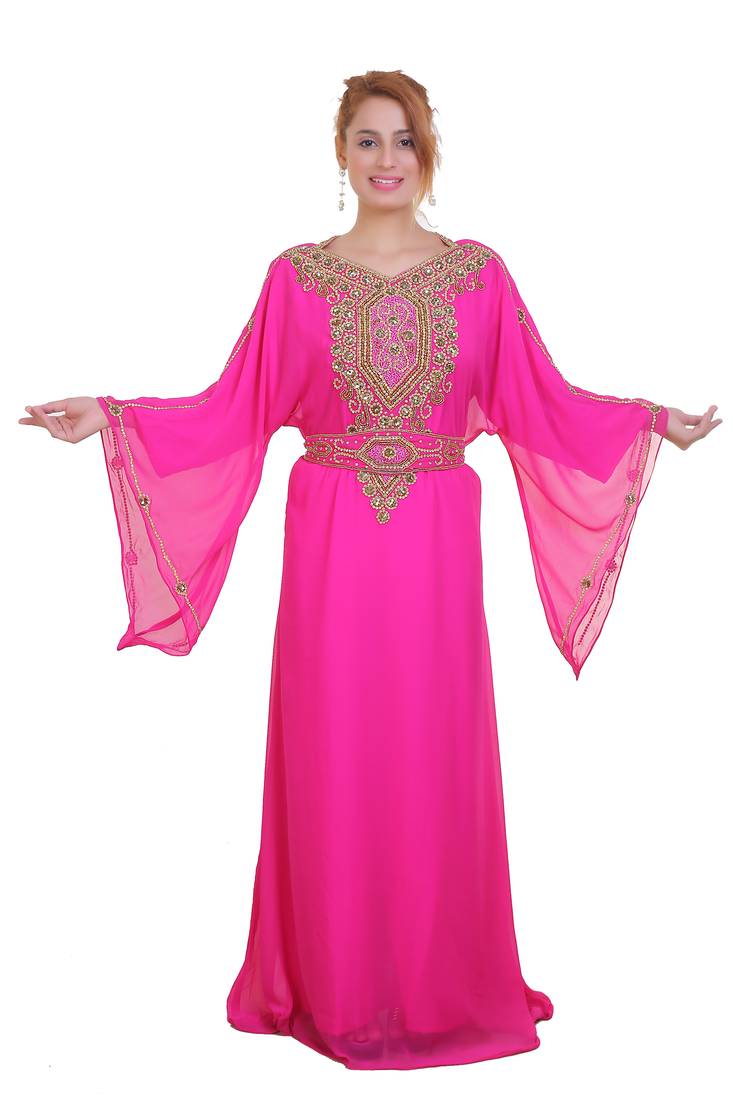 Rani Pink Aari Stone Work Georgette Islamic Style Beads Embedded Partywear Kaftan Long Gown Evening wear Dubai kaftan