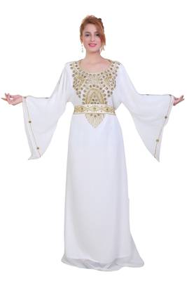 White Zari Stone Work Georgette Islamic Style Beads Embedded Partywear Kaftan Long Gown Evening wear Dubai kaftan 1