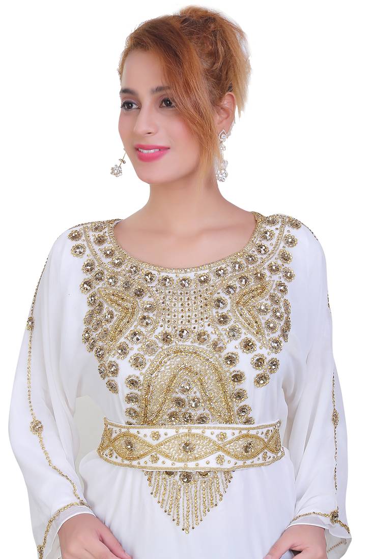 White Zari Stone Work Georgette Islamic Style Beads Embedded Partywear Kaftan Long Gown Evening wear Dubai kaftan
