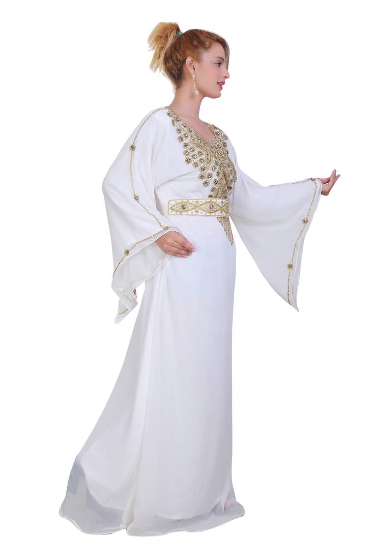 White Zari Stone Work Georgette Islamic Style Beads Embedded Partywear Kaftan Long Gown Evening wear Dubai kaftan