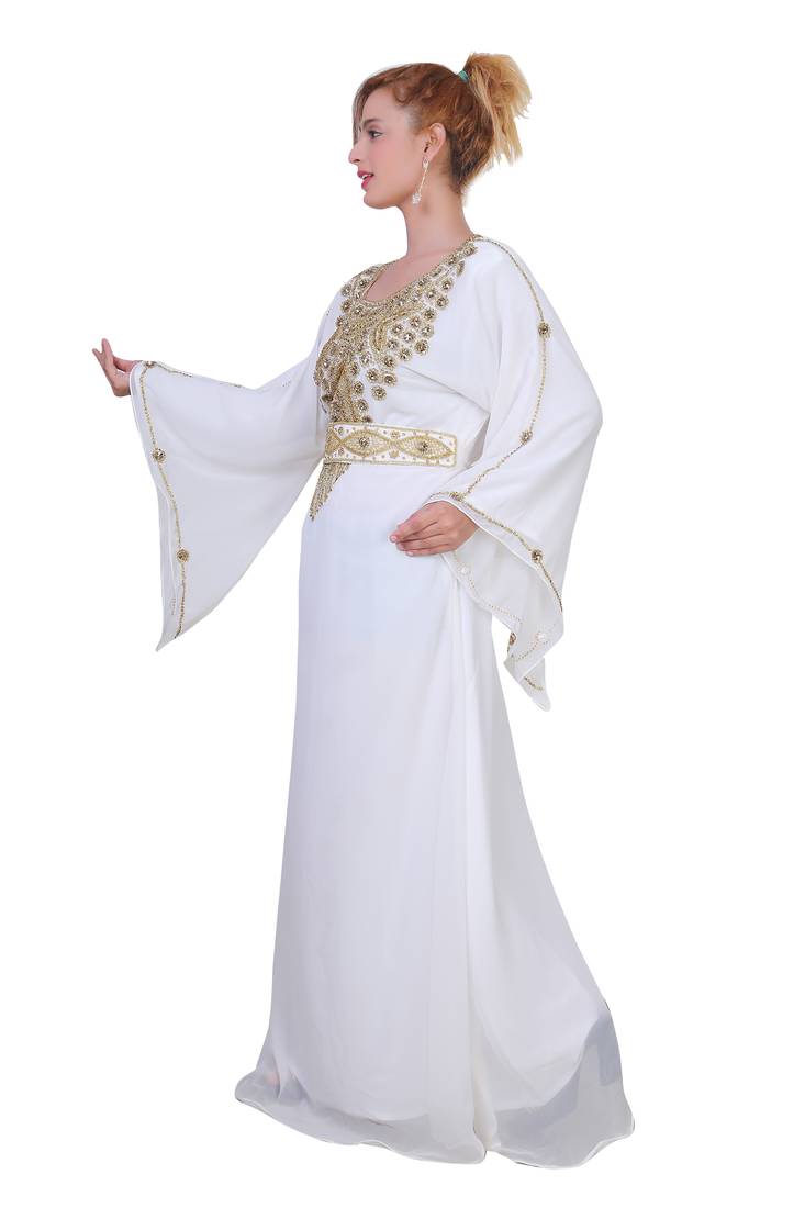 White Zari Stone Work Georgette Islamic Style Beads Embedded Partywear Kaftan Long Gown Evening wear Dubai kaftan